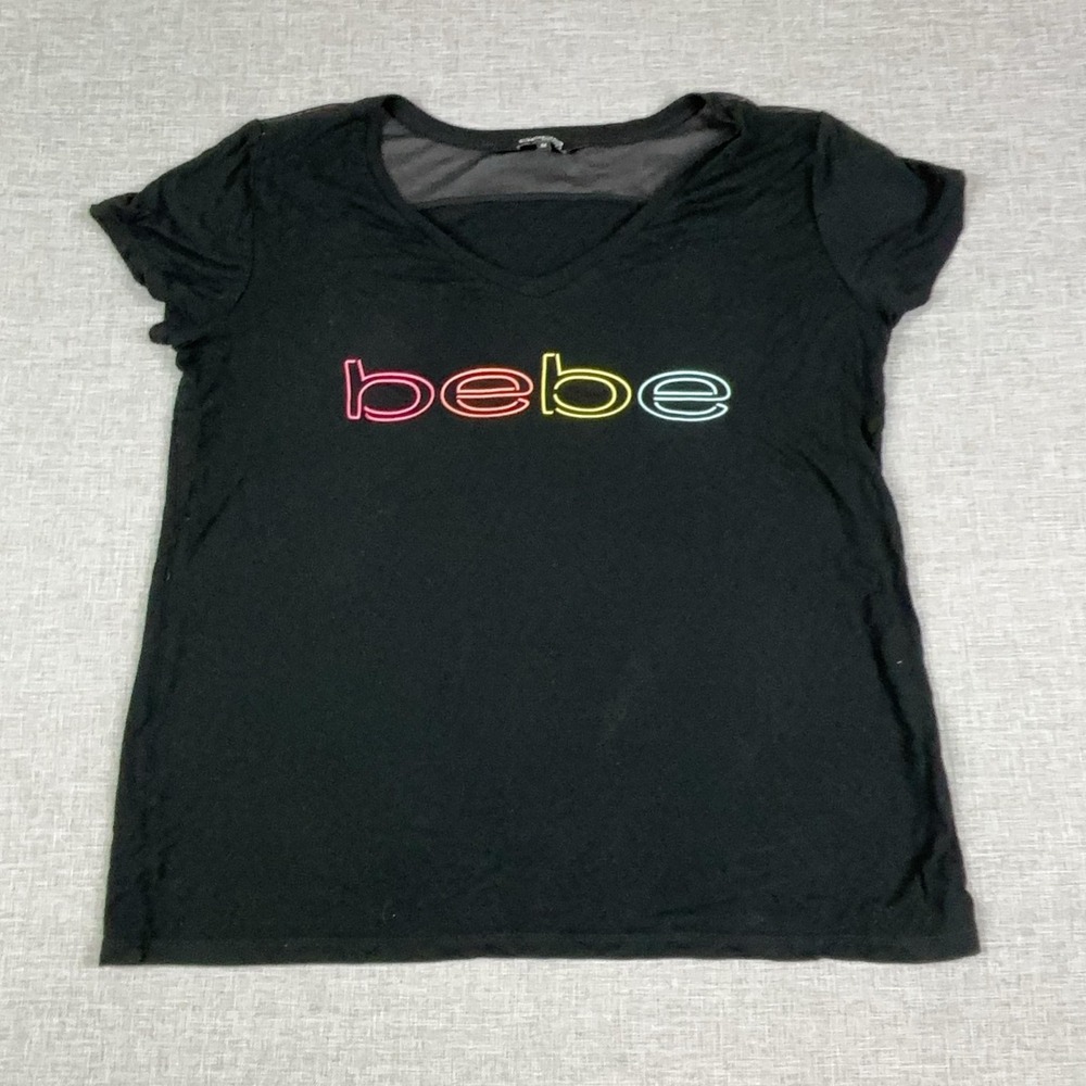 Bebe Sport T-Shirt Womens M Black V-Neck Short Sleeve Sheer Jersey Logo Top